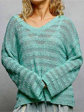 POL Teal Aqua Green Open-Knit V-Neck Sweater